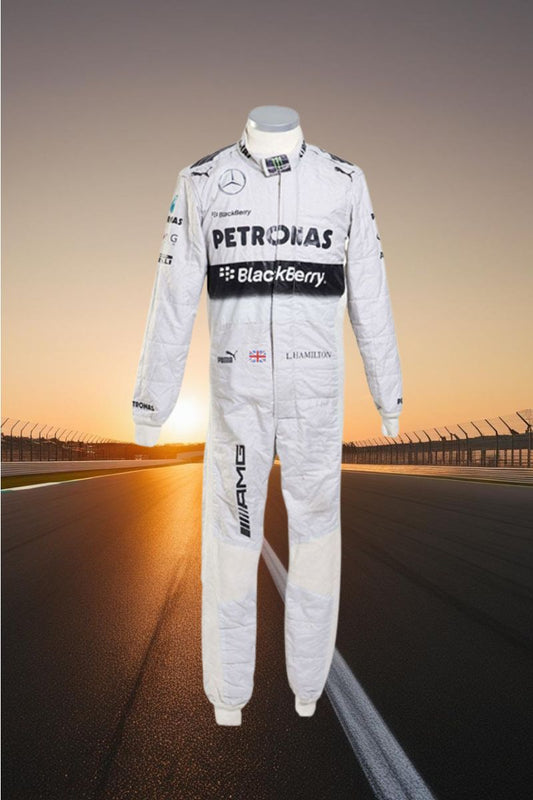 F1 Mercedes White Go Kart Racing Suit Lewis Hamilton Petronas Blackberry Suit CIK/FIA Level 2 Approved