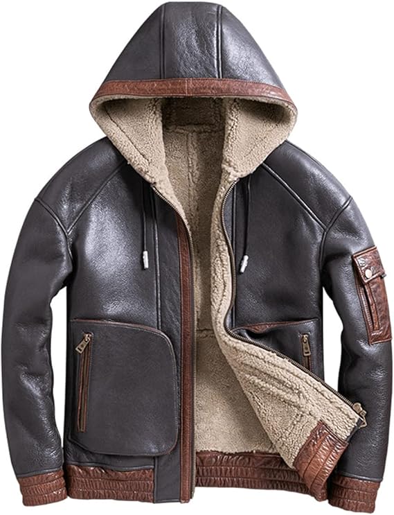 Men’s Brown Bomber Winter Jacket - Genuine Sheepskin Leather, Faux Fur Lined, Hooded Streetwear Coat.