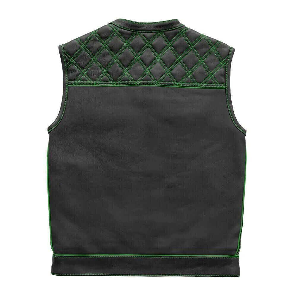 Men's Black Leather Vest Green & Black Checker Inner Motorbike Riding Waistcoat