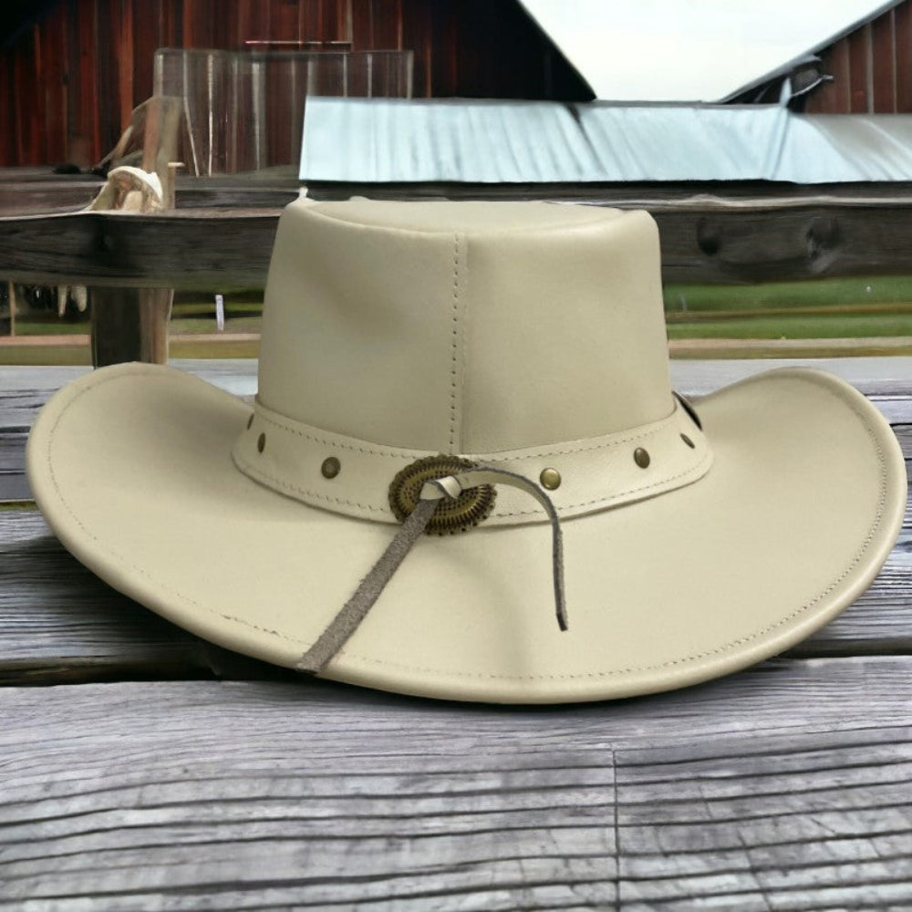 Women's Genuine Cowhide Leather Cowboy Hat - White, Stylish Western Beaded Accents