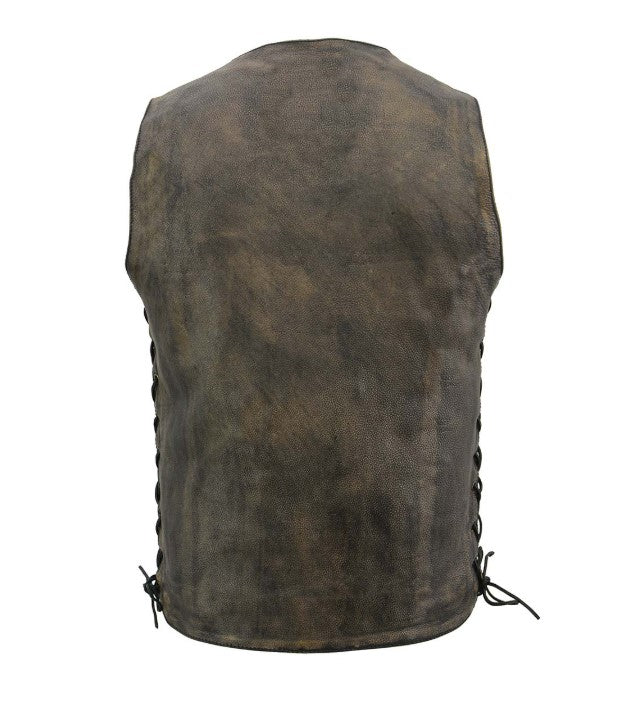BROWN Men's Roulette Distressed Brown 10 Pocket Motorcycle Leather Vest