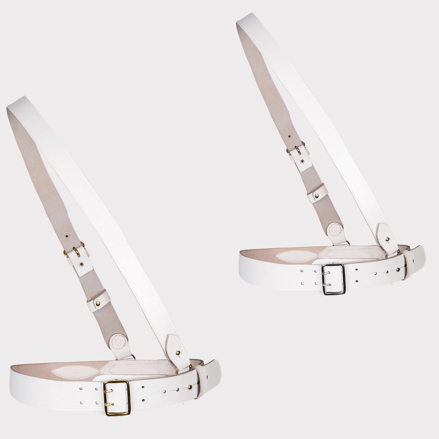 Set of 2 Sam Browne Belt White Color with Silver Buckle & Gold Buckle With Crossover Shoulder Strap Genuine Leather British Military