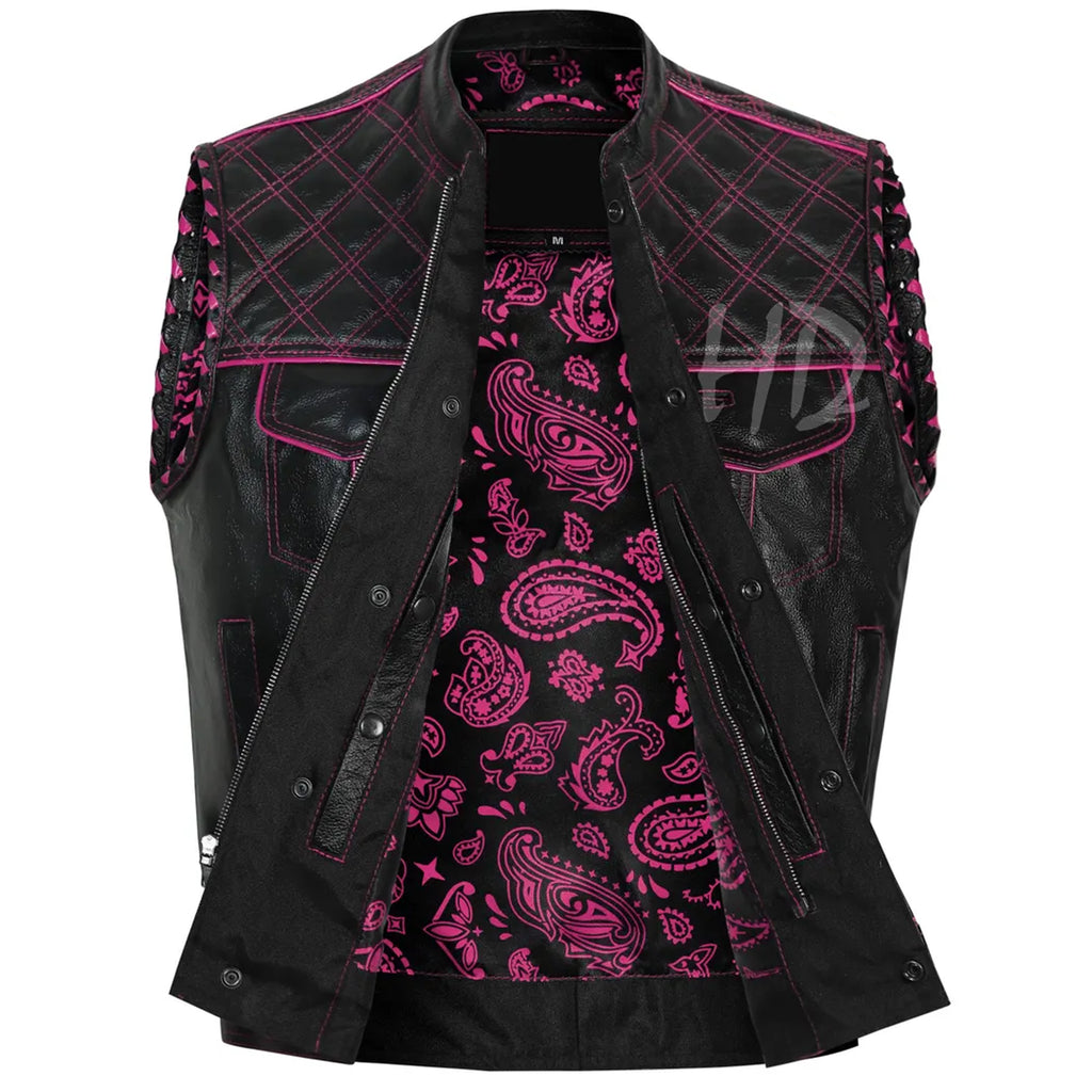 Diamond Quilted Leather Biker Vest: Black & Pink Hunt Club Waistcoat