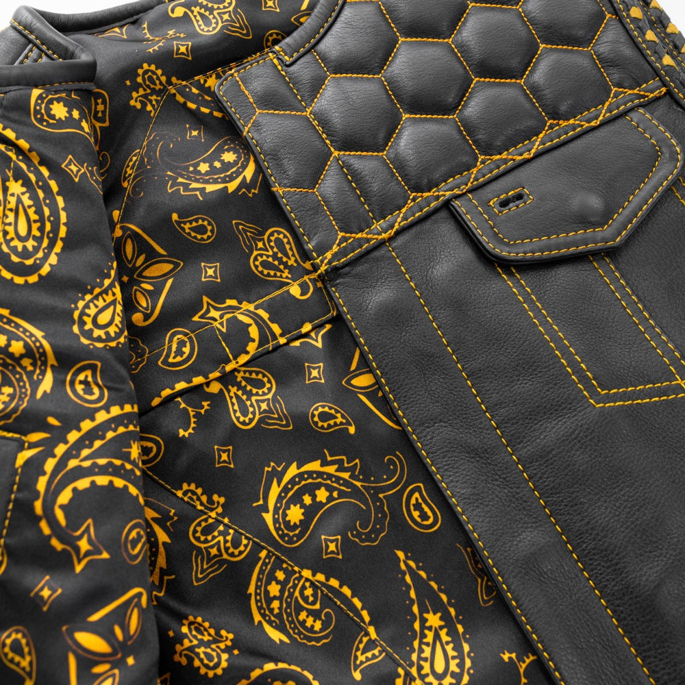 Men's Leather Vest Yellow paisley lining & Yellow Thread Concealed Waistcoat