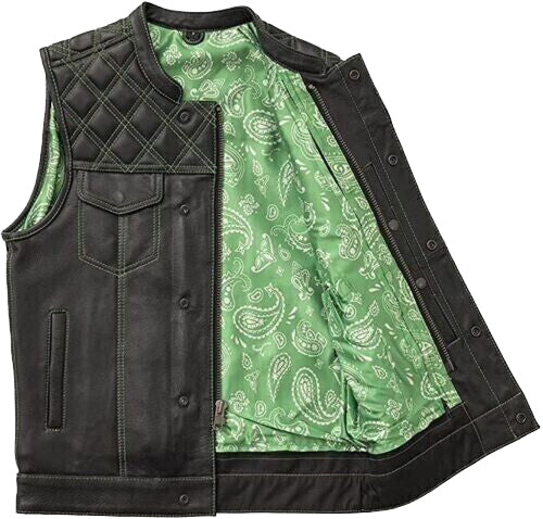 Men's Black Leather Quilted Biker Vest – Green Paisley Lined Waistcoat