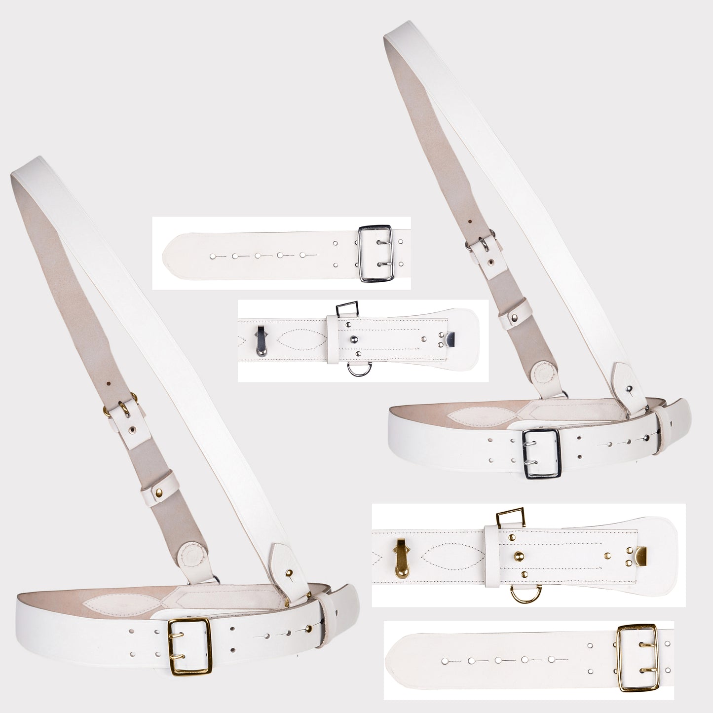 Set of 2 Sam Browne Belt White Color with Silver Buckle & Gold Buckle With Crossover Shoulder Strap Genuine Leather British Military