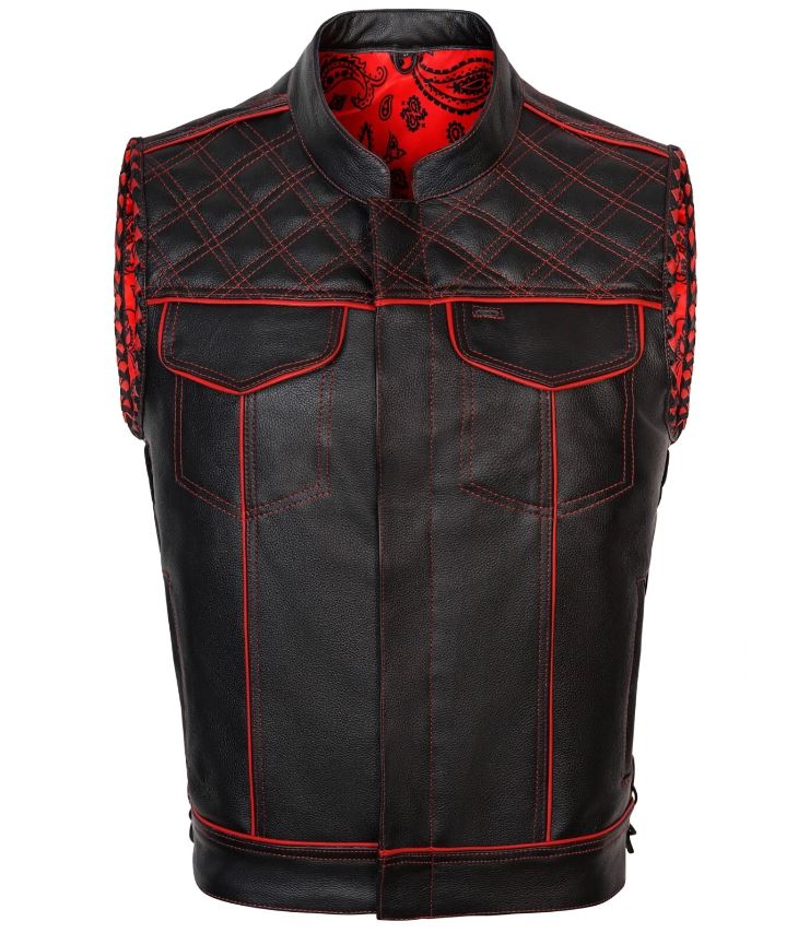 Men's Black Leather Motorcycle Vest: Diamond Stitch Biker Vest with Red Lining