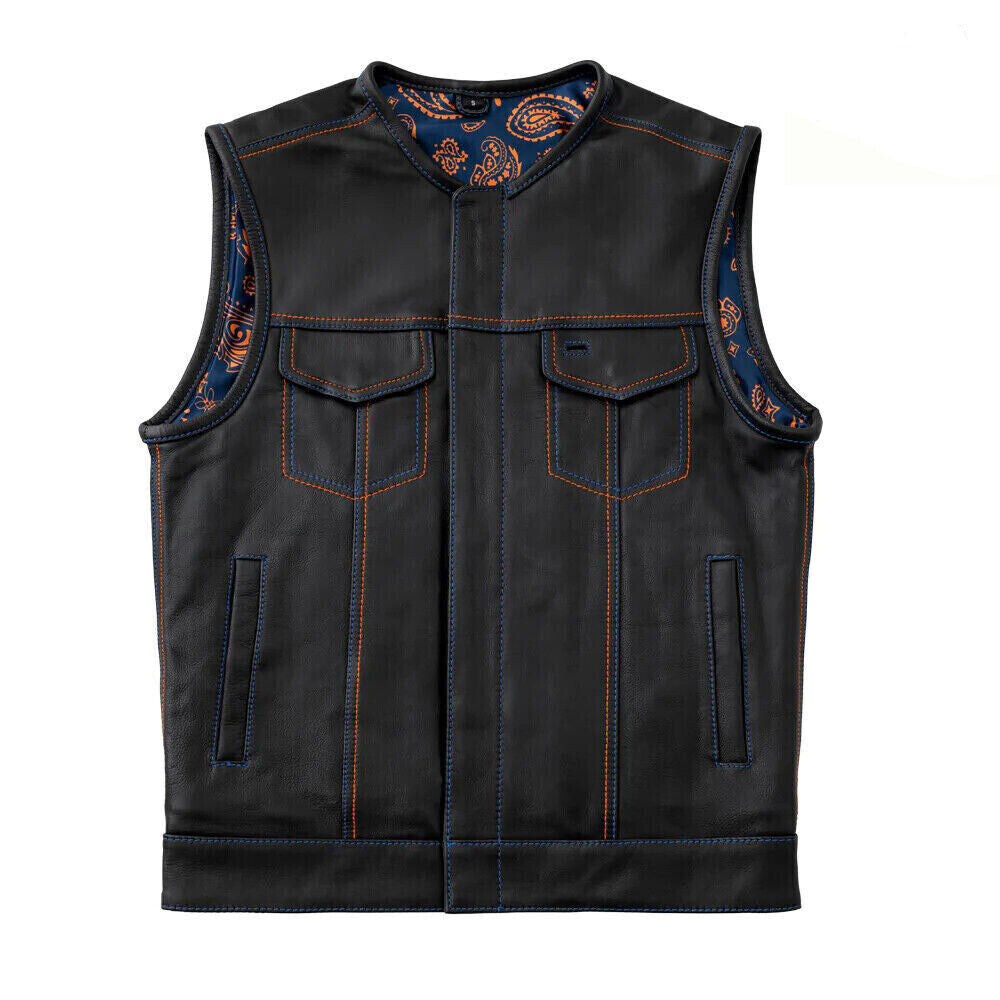 Men's Black Leather Biker Vest – Blue Paisley Satin Lining, Contrast Stitching, Rider Waistcoat