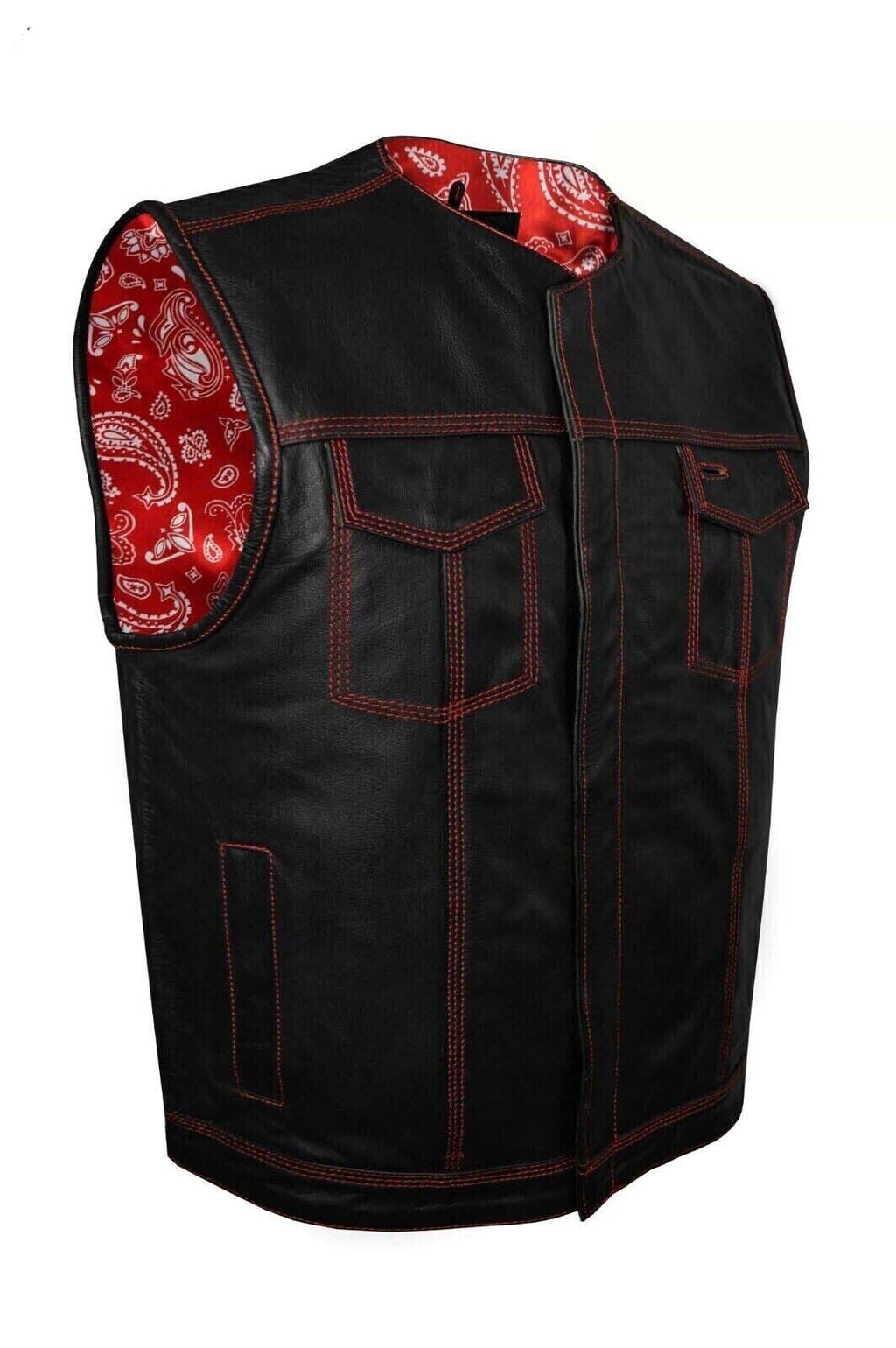 Men's Black Leather Biker Vest – Red Paisley Lining, Contrast Stitching, Handmade Waistcoat