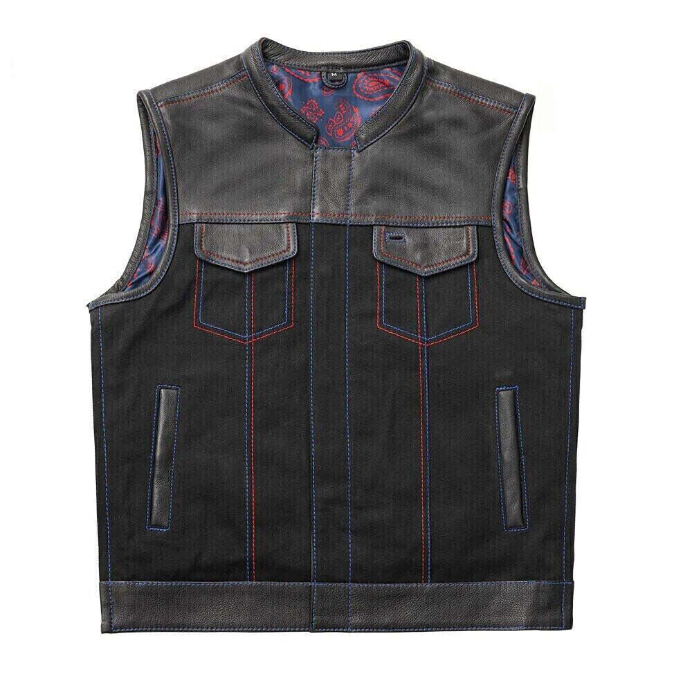 Men's Black Leather Denim Biker Vest, Red Paisley Quilted Lining, Custom Stitch Waistcoat
