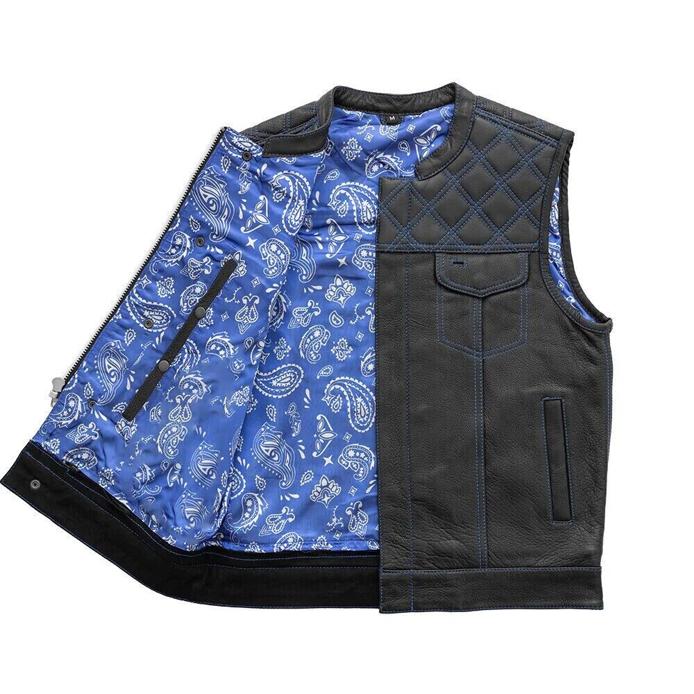 Men's Black Leather Biker Vest – Diamond Quilted, Green Paisley Lining, Contrast Stitching