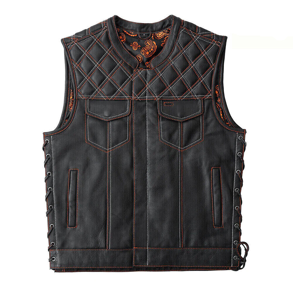Men's Black Leather Motorcycle Vest – Orange Paisley Quilted Biker Waistcoat
