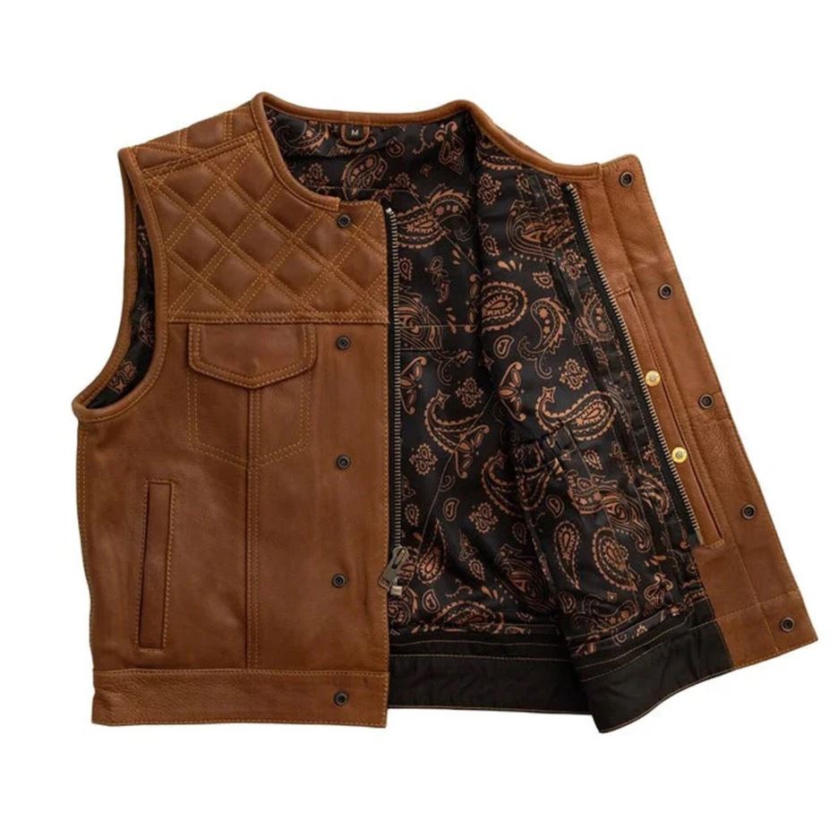 Men's Tan Leather Biker Vest: Paisley Lined Motorcycle Club Style