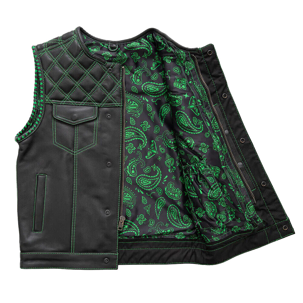 Black Leather Motorcycle Vest – Quilted Shoulders, Green Paisley Lining, Biker Waistcoat