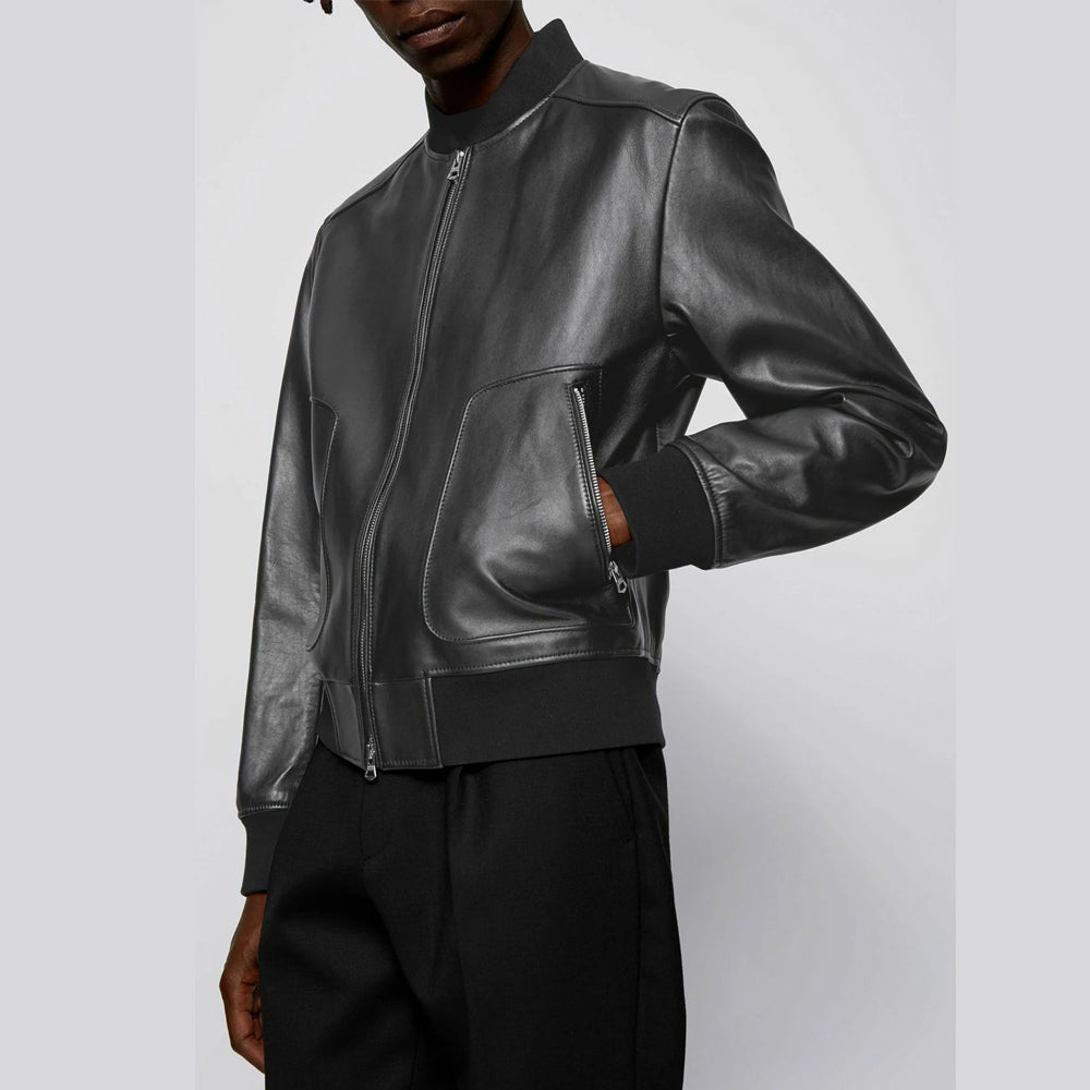 Men’s Black Leather Bomber Jacket