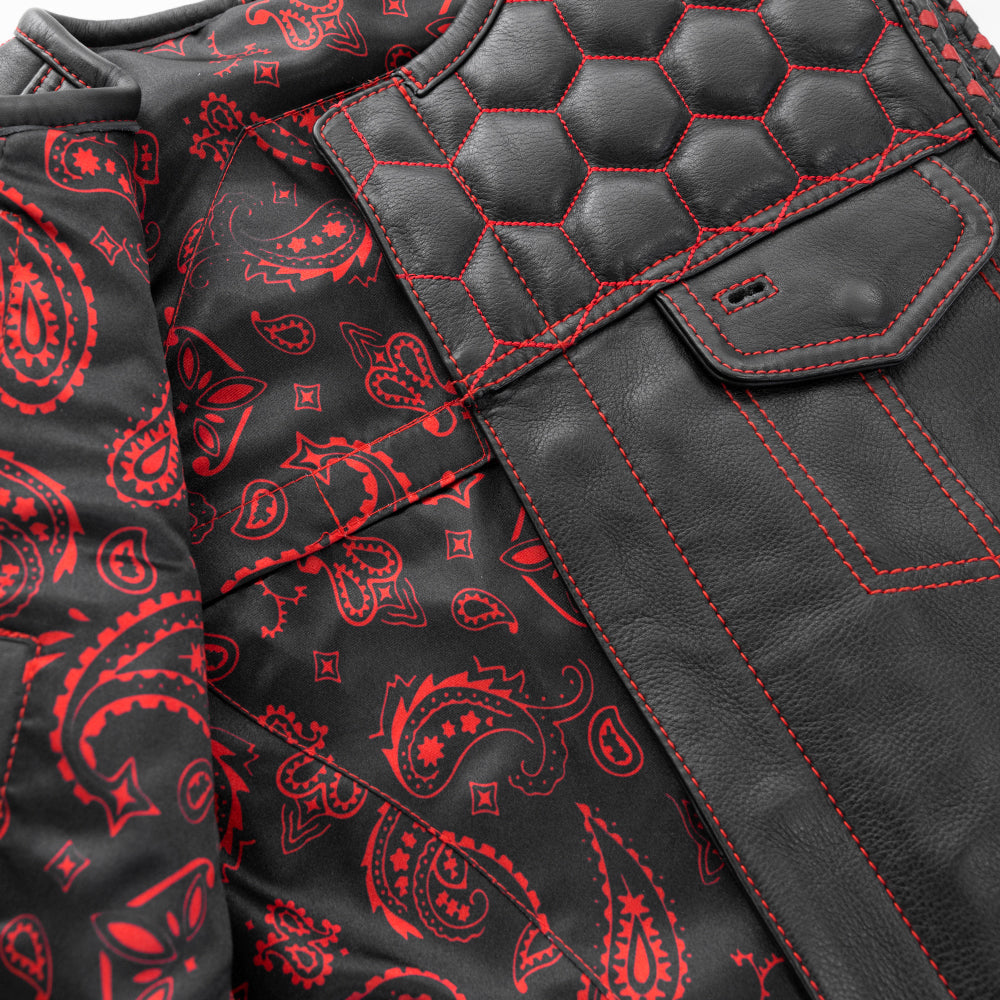 Men's Leather Vest Red paisley lining & Red Thread Concealed Waistcoat