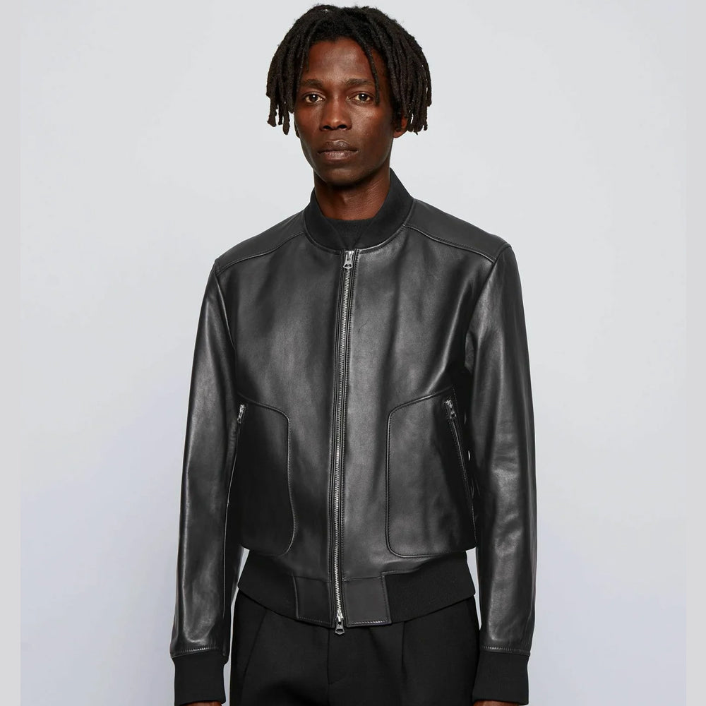 Men’s Black Leather Bomber Jacket