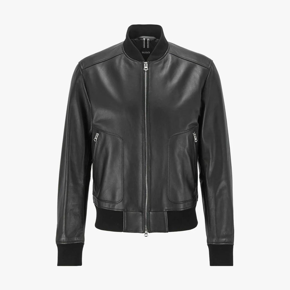 Men’s Black Leather Bomber Jacket