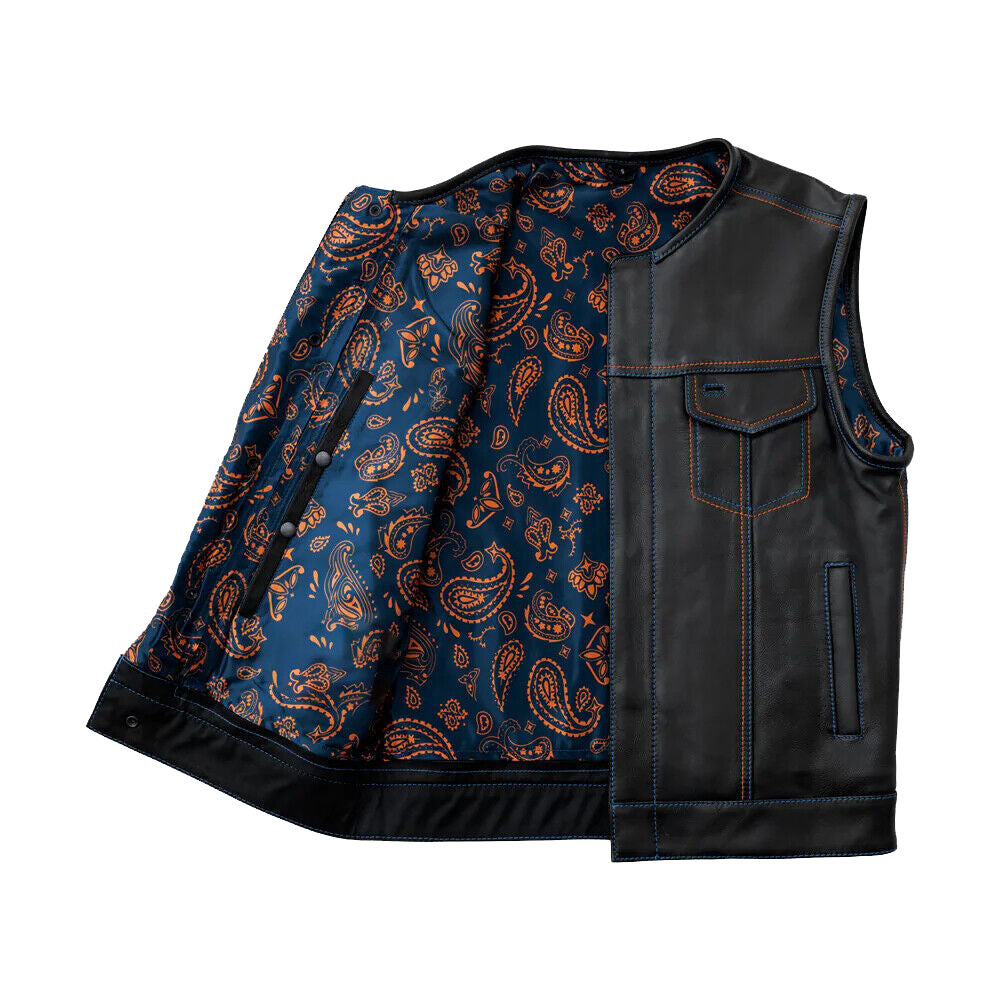 Men's Black Leather Biker Vest – Blue Paisley Satin Lining, Contrast Stitching, Rider Waistcoat