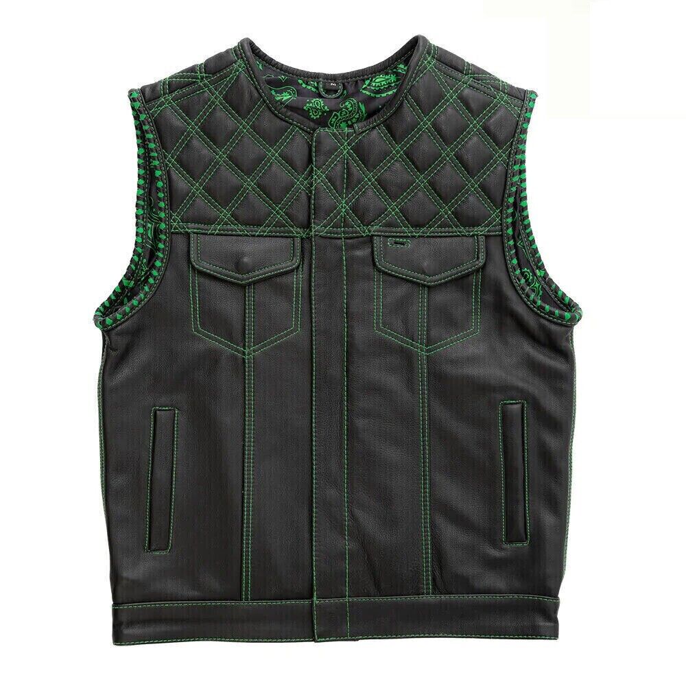 Black Leather Motorcycle Vest – Quilted Shoulders, Green Paisley Lining, Biker Waistcoat
