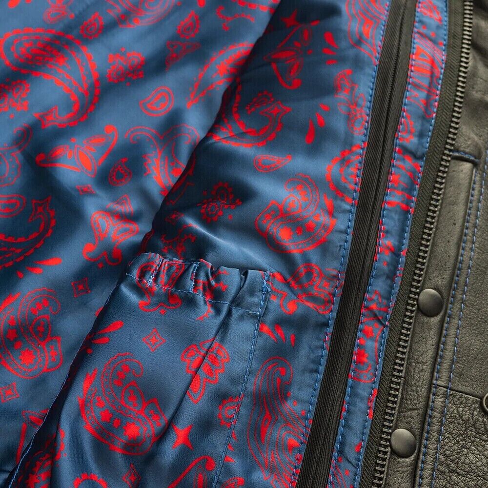 Men's Black Leather Denim Biker Vest, Red Paisley Quilted Lining, Custom Stitch Waistcoat