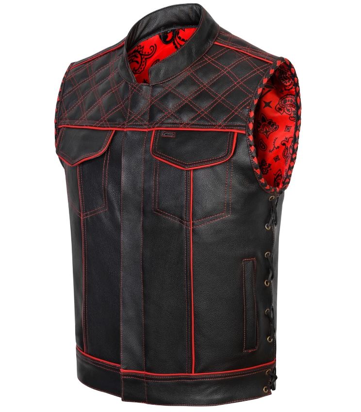 Men's Black Leather Motorcycle Vest: Diamond Stitch Biker Vest with Red Lining