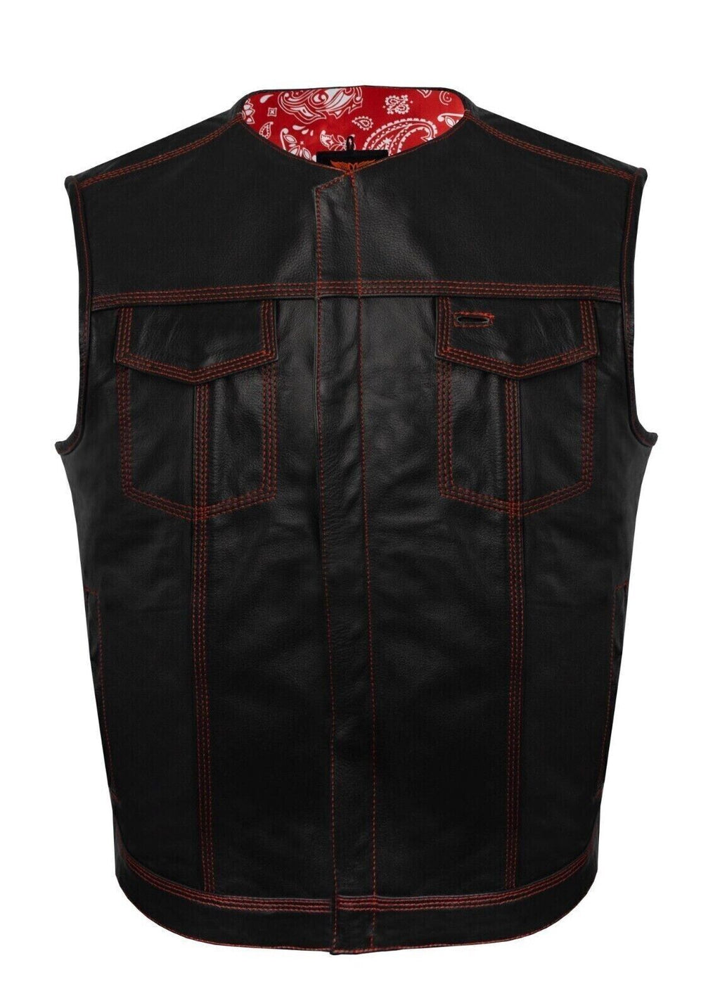 Men's Black Leather Biker Vest – Red Paisley Lining, Contrast Stitching, Handmade Waistcoat