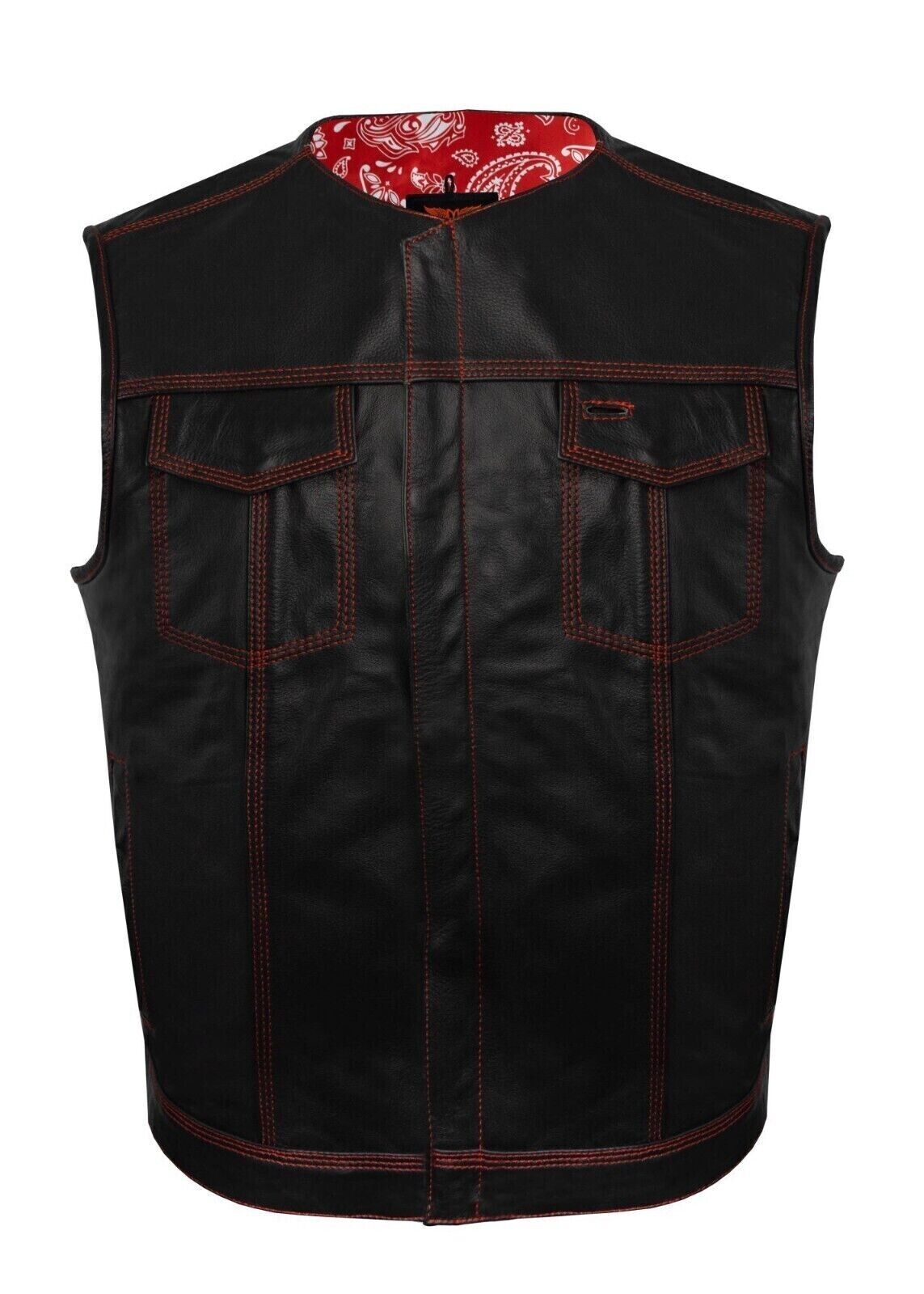 Men's Black Leather Biker Vest – Red Paisley Lining, Contrast Stitching, Handmade Waistcoat