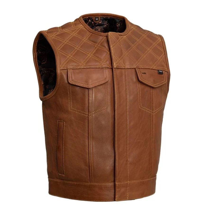 Men's Tan Leather Biker Vest: Paisley Lined Motorcycle Club Style