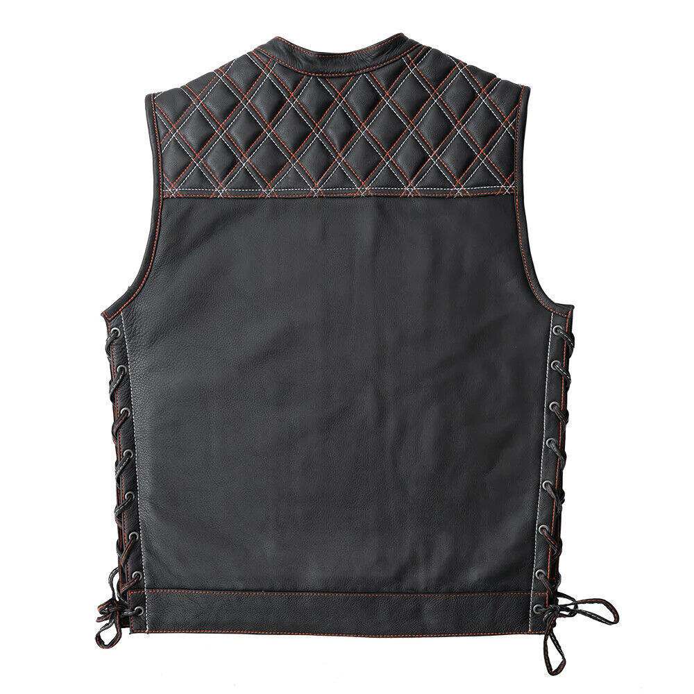 Men's Black Leather Motorcycle Vest – Orange Paisley Quilted Biker Waistcoat