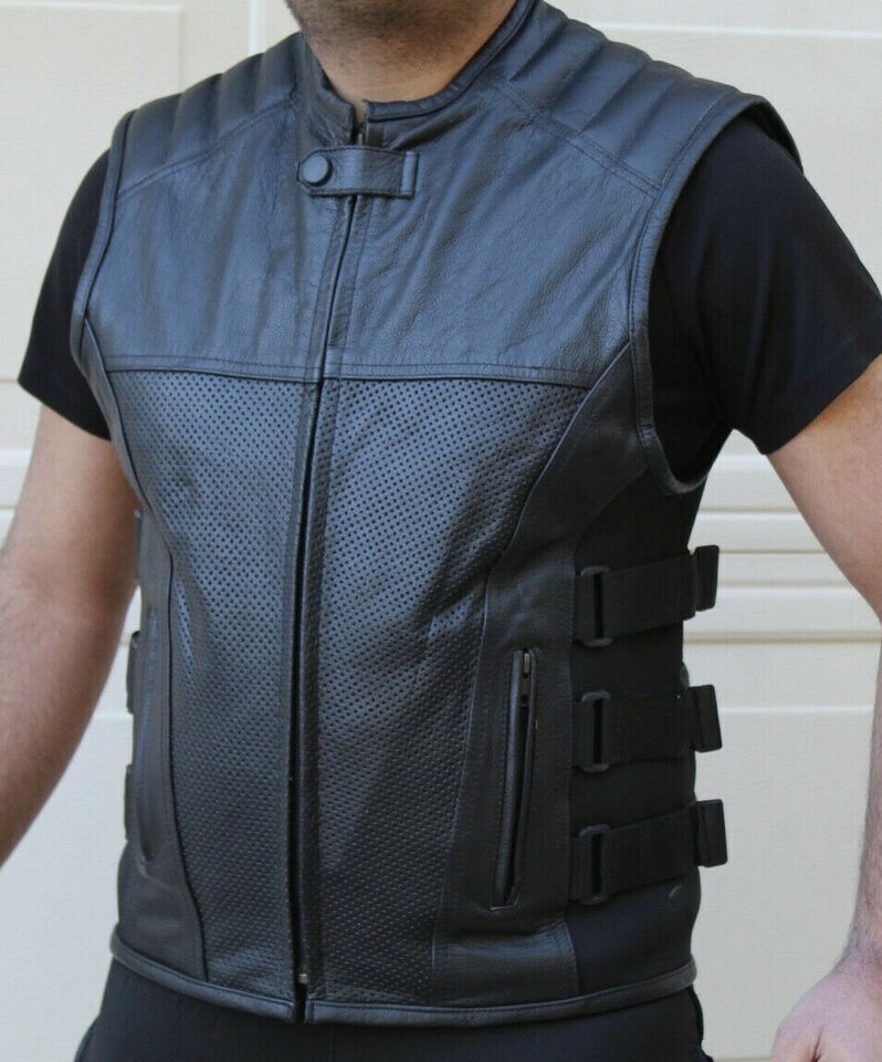 Men's Black Leather Motorcycle Vest – Perforated Front Panel, Side Buckle Straps & YKK Zipper