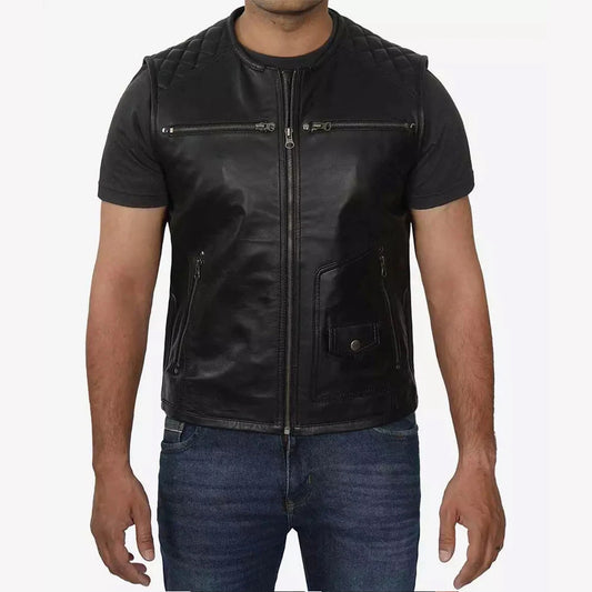 Winston Men's Quilted Black Biker Vest - Real Leather Vest