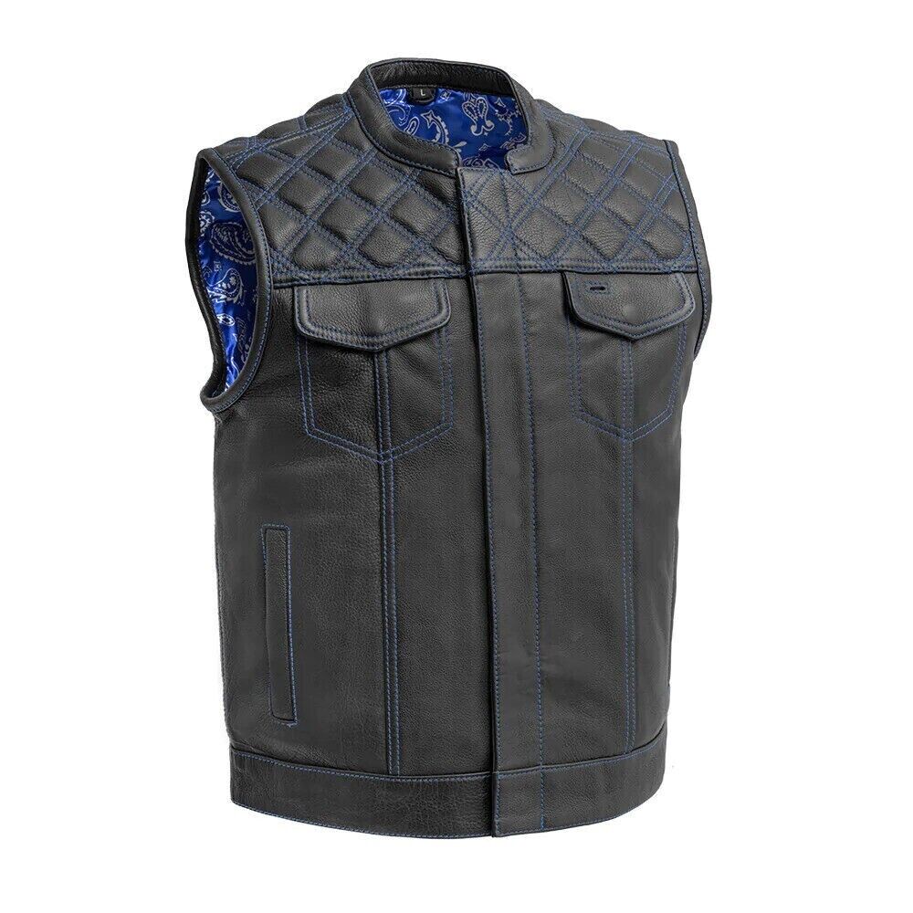 Men's Black Leather Biker Vest – Diamond Quilted, Green Paisley Lining, Contrast Stitching