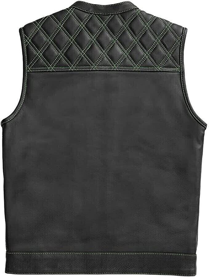 Men's Black Leather Quilted Biker Vest – Green Paisley Lined Waistcoat