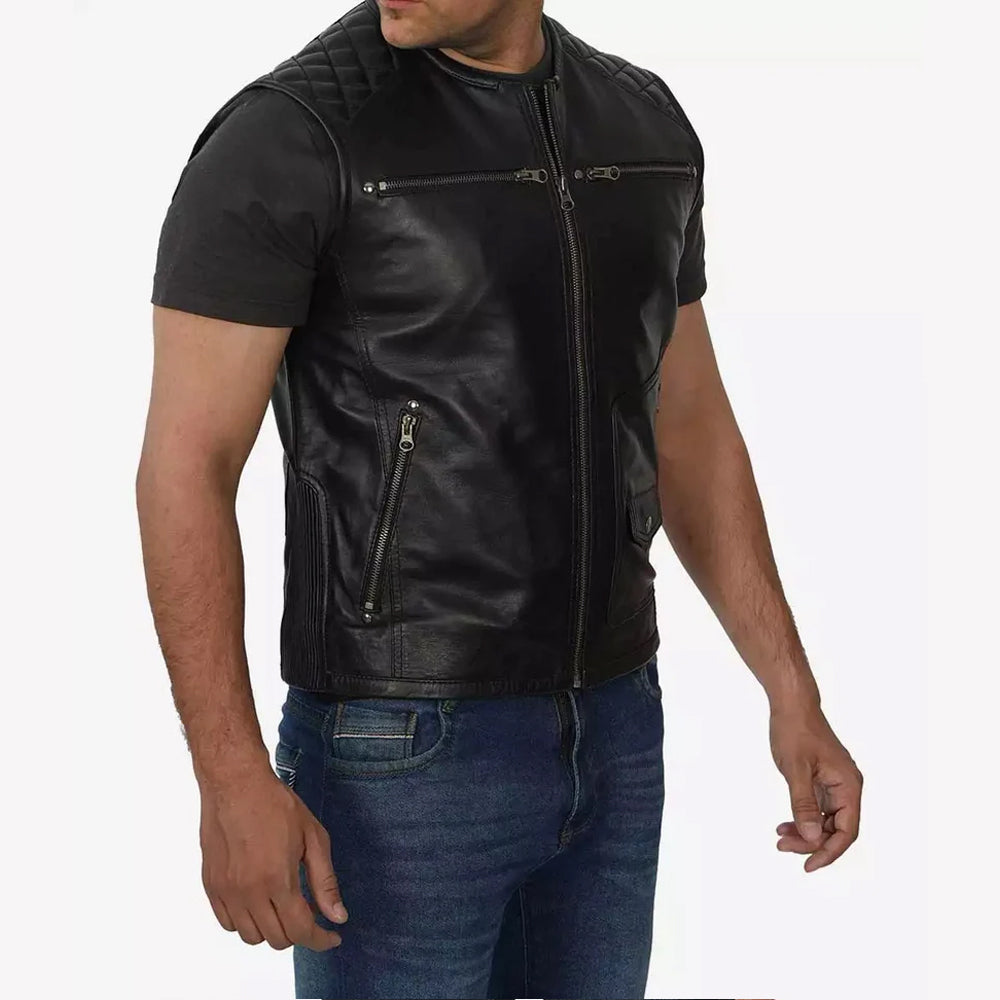 Winston Men's Quilted Black Biker Vest - Real Leather Vest