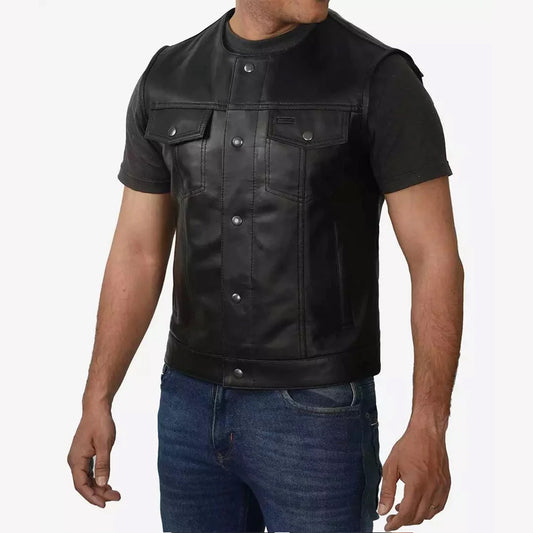 Men's Premium Leather Black Motorcycle Vest - Rugged Style