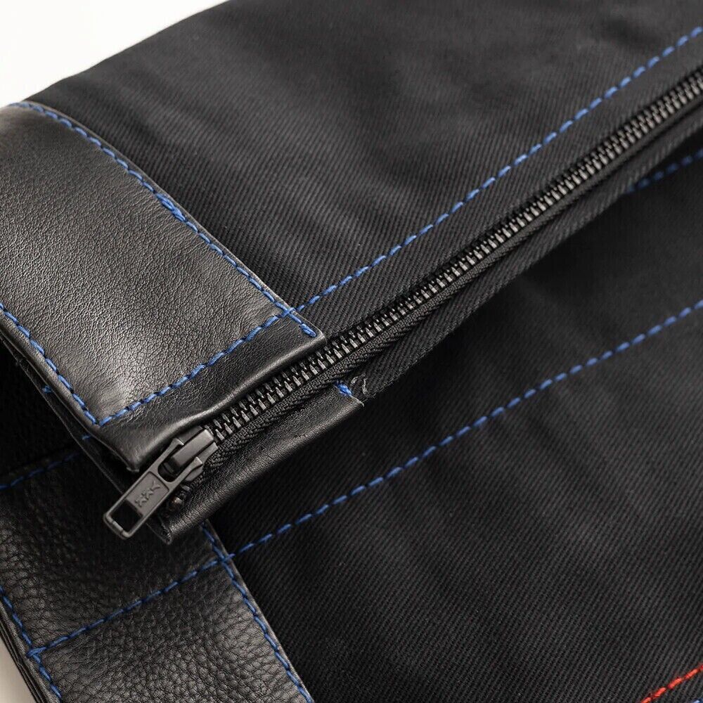 Men's Black Leather Denim Biker Vest, Red Paisley Quilted Lining, Custom Stitch Waistcoat