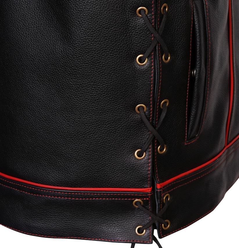 Men's Black Leather Motorcycle Vest: Diamond Stitch Biker Vest with Red Lining