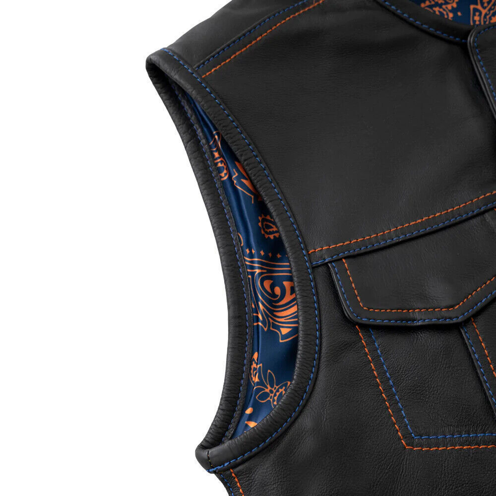Men's Black Leather Biker Vest – Blue Paisley Satin Lining, Contrast Stitching, Rider Waistcoat