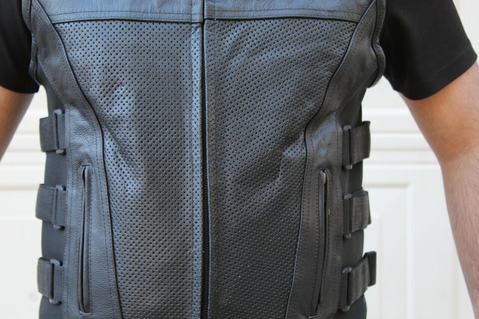 Men's Black Leather Motorcycle Vest – Perforated Front Panel, Side Buckle Straps & YKK Zipper