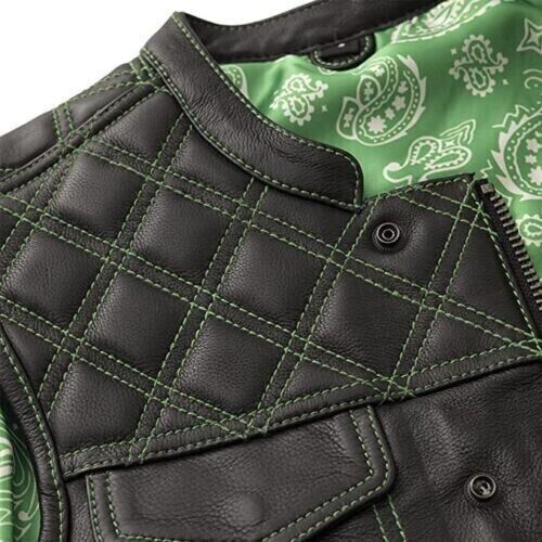 Men's Black Leather Quilted Biker Vest – Green Paisley Lined Waistcoat