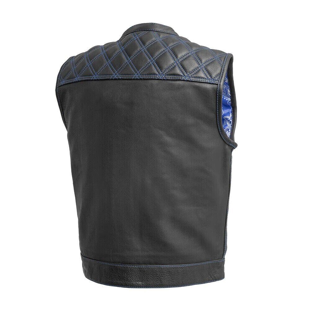 Men's Black Leather Biker Vest – Diamond Quilted, Green Paisley Lining, Contrast Stitching