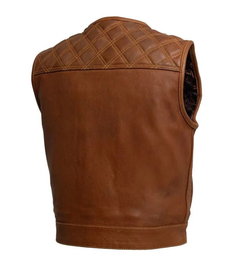 Men's Tan Leather Biker Vest: Paisley Lined Motorcycle Club Style