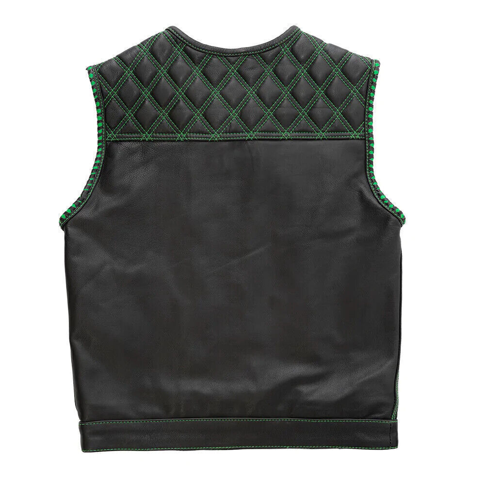Black Leather Motorcycle Vest – Quilted Shoulders, Green Paisley Lining, Biker Waistcoat