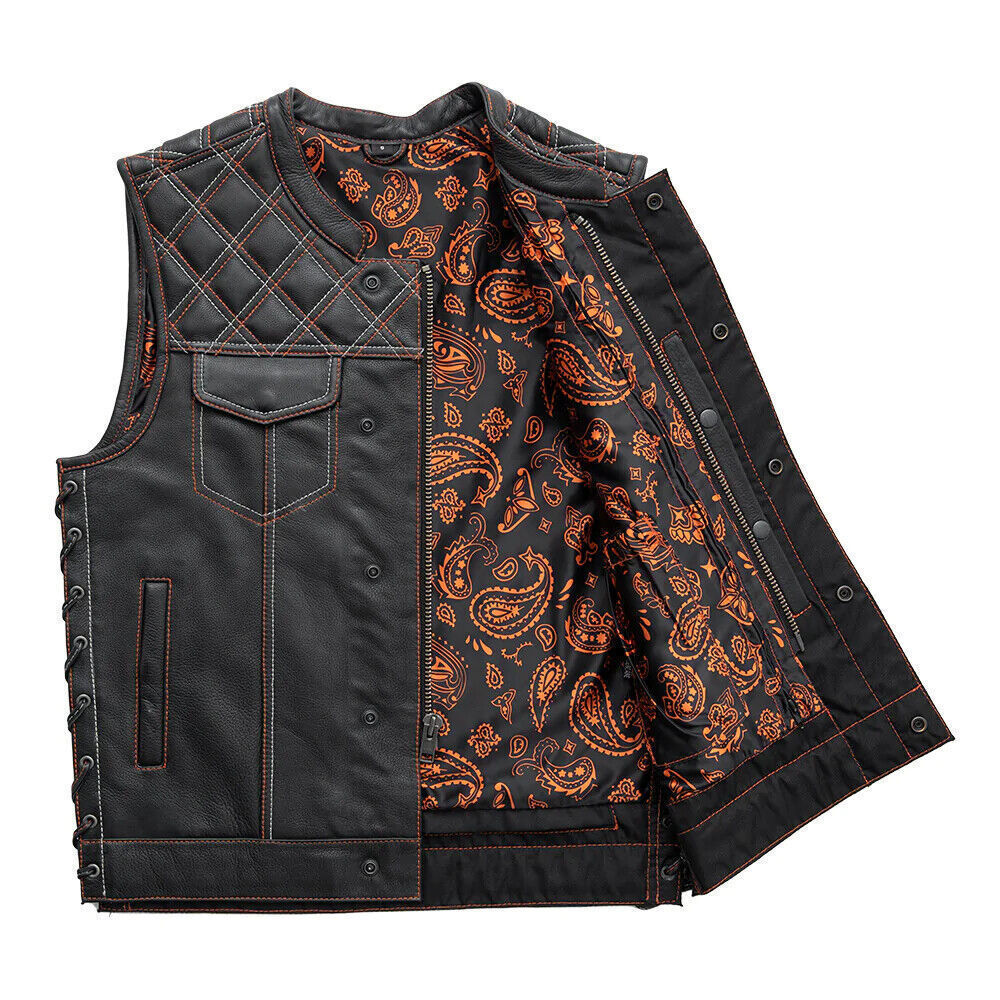 Men's Black Leather Motorcycle Vest – Orange Paisley Quilted Biker Waistcoat