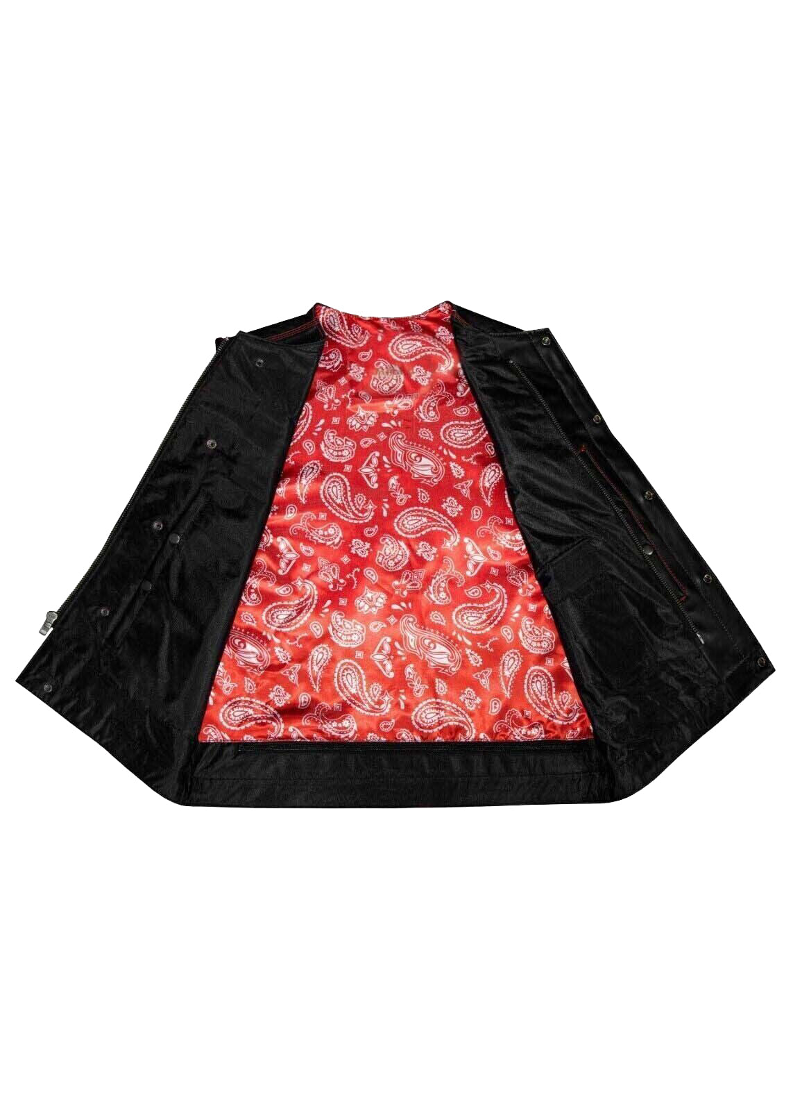 Men's Black Leather Biker Vest – Red Paisley Lining, Contrast Stitching, Handmade Waistcoat