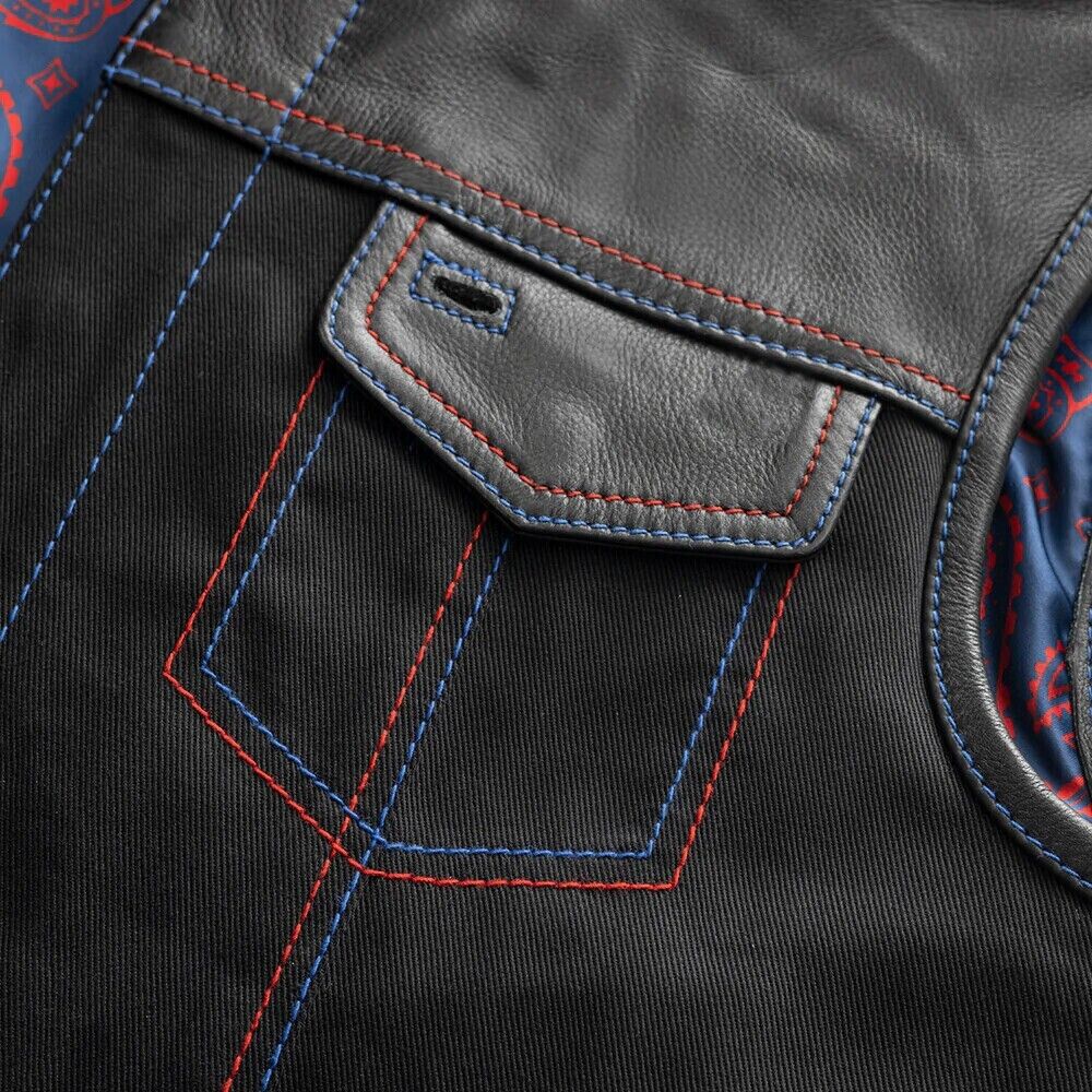 Men's Black Leather Denim Biker Vest, Red Paisley Quilted Lining, Custom Stitch Waistcoat