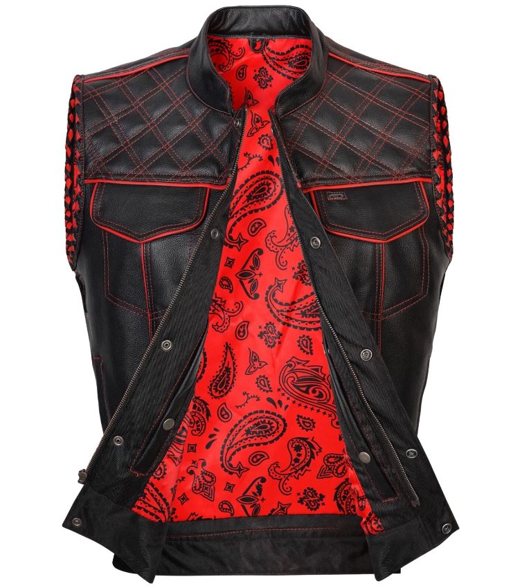Men's Black Leather Motorcycle Vest: Diamond Stitch Biker Vest with Red Lining
