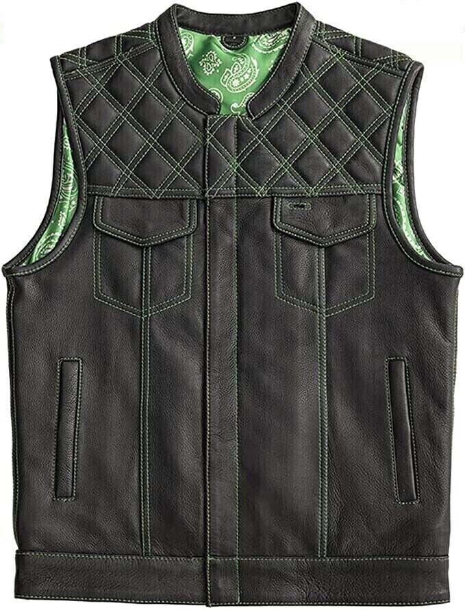 Men's Black Leather Quilted Biker Vest – Green Paisley Lined Waistcoat