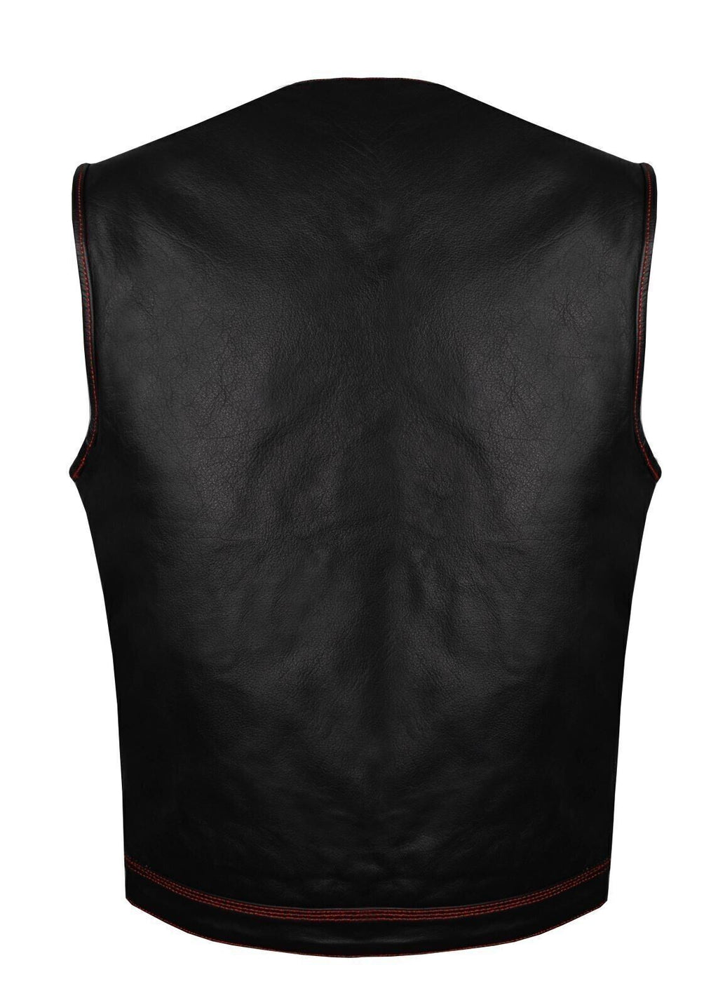Men's Black Leather Biker Vest – Red Paisley Lining, Contrast Stitching, Handmade Waistcoat